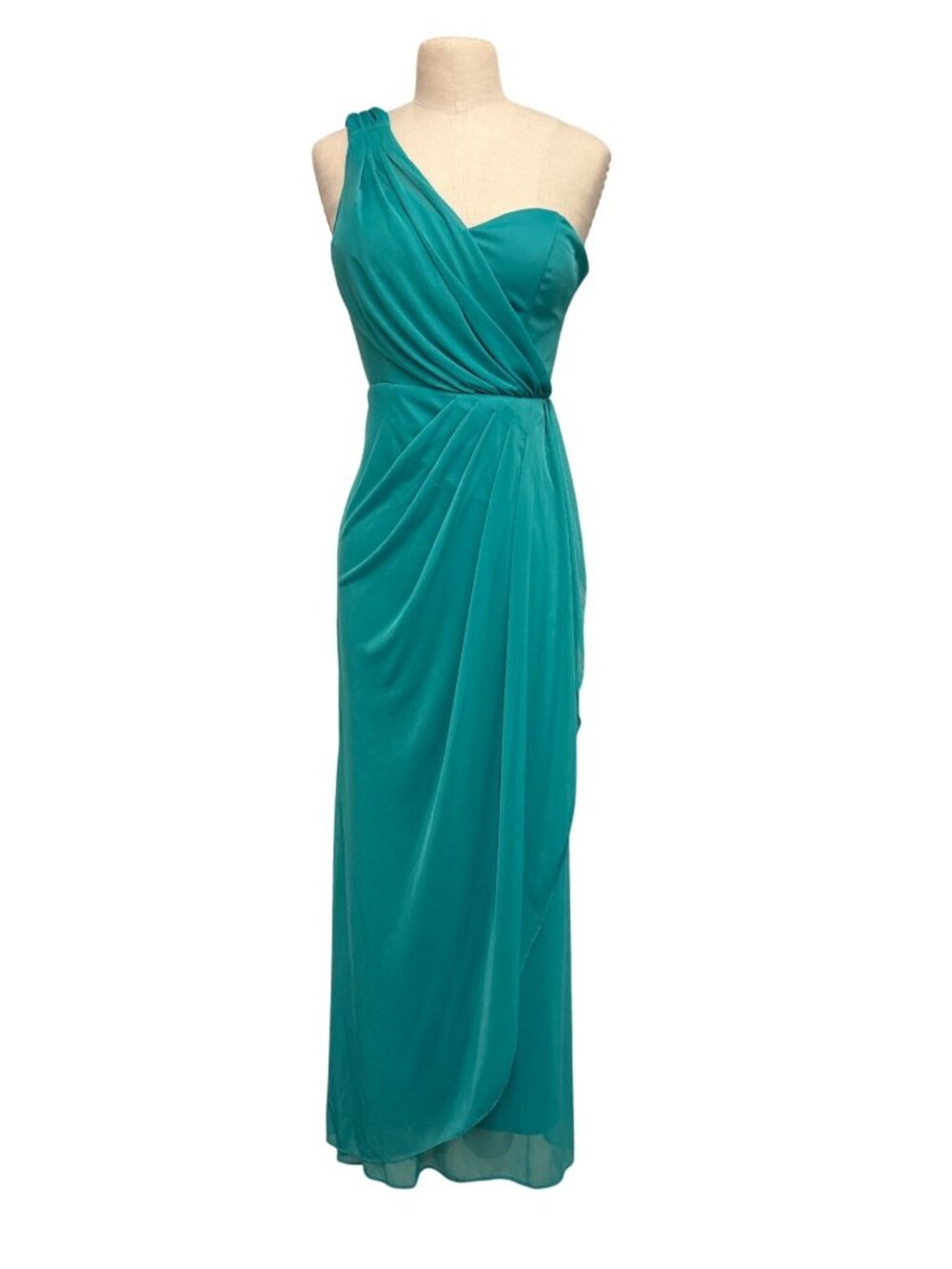 Xscape By Joanna Chen Teal One-Shoulder Ruched Gown Dress Size 6 Evening Formal